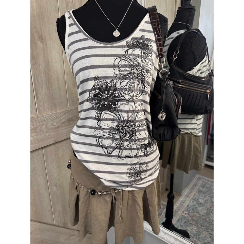 Grunge Fairycore Striped Floral Tank Top  - Small